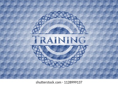 Training blue emblem with geometric background.