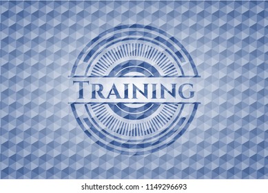 Training blue emblem with geometric background.