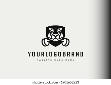 Training Camp Logo Design Inspiration. Tiger Biting a barbell Vector Illustration. Modern Icon Design Vector Template with Line Style