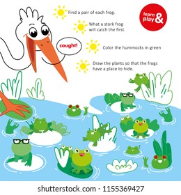 Training care for children with help of educational exercise. Find same frogs. What kind of frog stork will catch first. Use green pen and color hummocks and plants which hide frog. Vector isolated