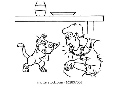 Training a cat. Owner force your pet to do exercise. Vector illustration.