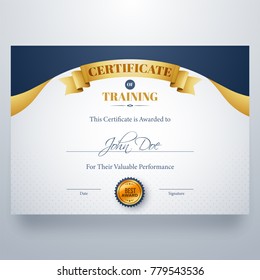 Training Certificate Best Award Diploma In Glossy Golden And Blue Color.