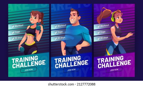 Training challenge vector web banners with cartoon sport characters healthy man and women invite in gym for sport and fitness workout, weight loss and athletic activity, Mobile app onboard screens set