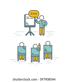 Training classroom vector illustration. Man giving a presentation in classroom. Training seminar concept in outline style.