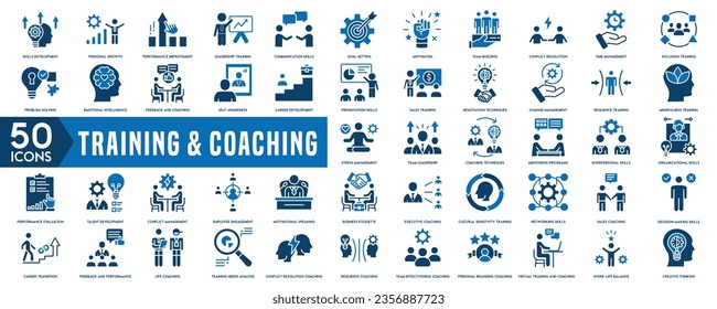 Training and Coaching icon set. Containing team building, collaboration, teamwork, coaching, problem-solving and education icons. Solid icon collection