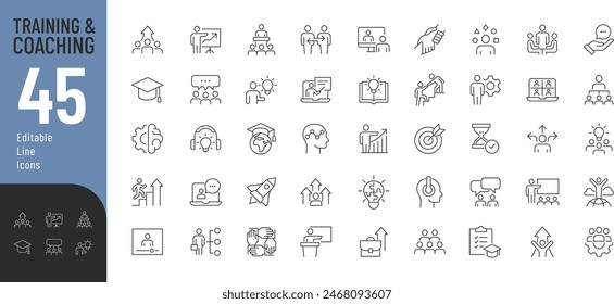 
Training und Coaching Line Editable Icons gesetzt. Vektorillustration in modernen dünnen Linien Stil der Bildung verwandte Symbole: Fertigkeiten, Lektor, Beratung, Support und andere. 