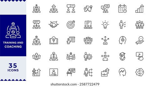 Training and Coaching Line Editable Icons set. Vector illustration in modern thin line style of education related icons:  coaching, mentoring, education,Outline icon collection. Editable stroke.