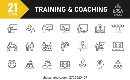 Conjunto de ícones de linha de Treinamento e Coaching. Conjunto de 21 ícones principais relacionados a treinamento, treinamento, mentoreamento, educação, seminário, reunião, curso, reunião e outros. Traçado editável. Ilustração vetorial.