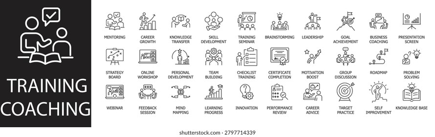 Training and coaching line icon set. Featuring mentoring, leadership, skill development, career growth, and team building. Editable vector outlines for corporate training and presentations.