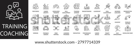 Training and coaching line icon set. Featuring mentoring, leadership, skill development, career growth, and team building. Editable vector outlines for corporate training and presentations.