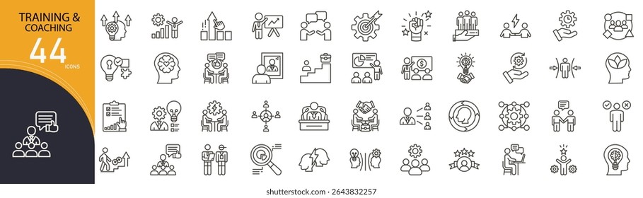 Coleções de ícones relacionados a treinamento e treinamento. Contendo habilidades, mentor, sessão, meta, aprendizagem, orientação, instrutor, desenvolvimento, suporte, ícones de progresso. Contornar ícones.