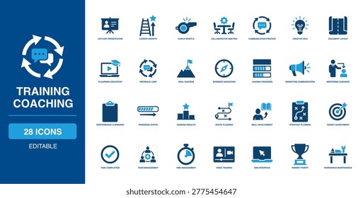 Training Coaching Solid Icon Set containing essential items like lecture presentation, career growth ladder, sport coach whistle, collaborative meeting, communication process, and idea.