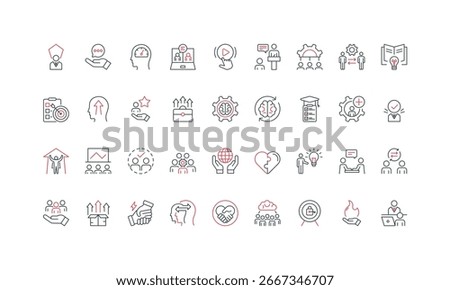Training and coaching, support for life and career, mindset change line icon set. Corporate and individual training for goal achievement thin black and red outline symbols vector illustration