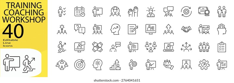 Training Coaching Workshop icon set. Editable stroke.