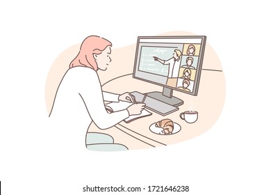 Training, communication, distance, business, feelance concept. Young woman manager freelancer cartoon character participates in video conference remotely. Online training or work on self vector.