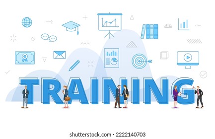 training concept with big words and people surrounded by related icon spreading with modern blue color style