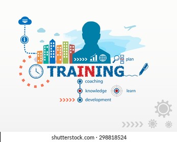 Training Concept And Business Man. Flat Design Illustration For Business, Consulting, Finance, Management, Career.