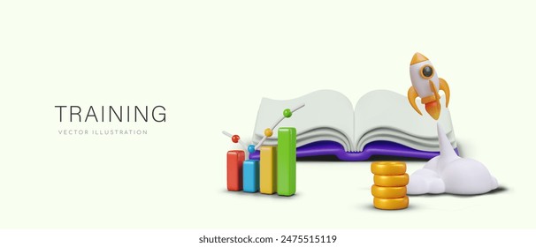 Training concept in cartoon style. Commercial horizontal banner with 3D illustration