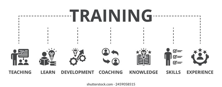 Training concept icon illustration contain teaching, ,learn, development, coaching, knowledge, skills and experience.