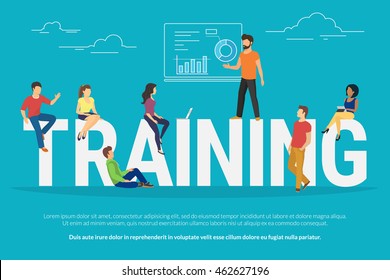Training concept illustration of young people attending the professional training with skilled instructor. Flat design of guys and young women sitting on the big letters