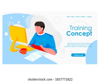 Training concept landing page template. Guy student sitting in front of computer screen studying online. E-learning, distant tutor, distant school, course. Online education flat vector illustration