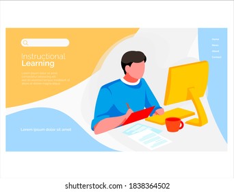 Training concept landing page template. Guy student sitting in front of computer screen studying online. E-learning, distant tutor, distant school, course. Online education flat vector illustration