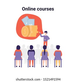 Training conference and couch lecture. Teacher and leader educates business audience. Money for developing your business. Flat vector concept illustration isolated on white background.