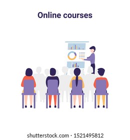 Training conference and couch lecture. Teacher and leader educates business audience.  Business consultation, project assistance. Flat vector concept illustration isolated on white background.