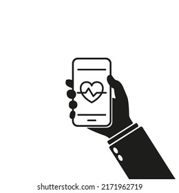 Training and Control Heart Beat on Smartphone Pictogram. Mobile Phone App for Control Heartbeat Silhouette Icon. App Bpm Count for Cellphone Glyph Icon. Isolated Vector Illustration.