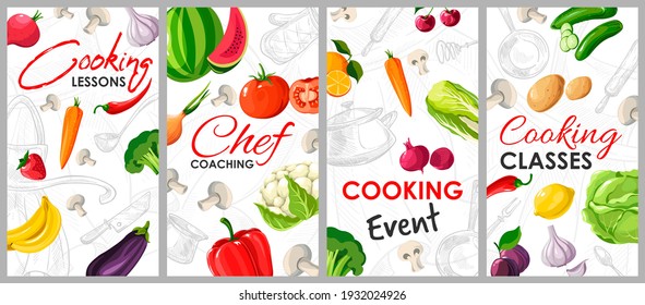 Training cooking classes chef coaching, cartoon banner. Vegetables and devices for cooking, vector illustration. Gastronomic class training of specialists. Video blog culinary master class online