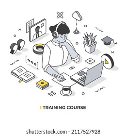 Training course online concept. Focused woman wearing headphones, working on a laptop, taking notes, watching online videos, participating in a webinar. Isometric illustration on online education