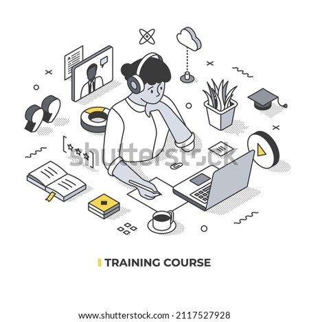 Training course online concept. Focused woman wearing headphones, working on a laptop, taking notes, watching online videos, participating in a webinar. Isometric illustration on online education