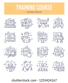 Training course and online education doodle icons collection. E-learning vector hand drawn illustrations for website and printing materials 