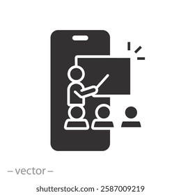 training course from smartphone, e-learning icon, distance workshop, online education, flat vector illustration