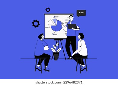 Training course web concept with character scene in flat design. People listening business coach at meeting, improve and developing skills. Vector illustration for social media marketing material.