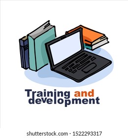 Training courses ad banner. Concept of additional education. Hand drawn piles of books, laptop, typography. Isolated on neutral background