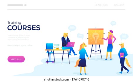 Training courses background. Modern illustration slider site page. The concept of courses in your profession. Web banner improving the specialty of the course. Training process vector image design.