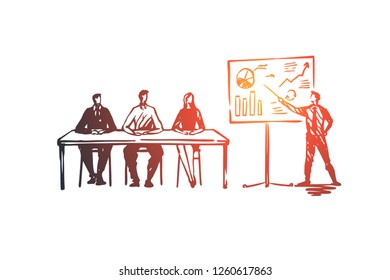 Training, courses, education, presentation, seminar concept. Hand drawn speaker in training center concept sketch. Isolated vector illustration.