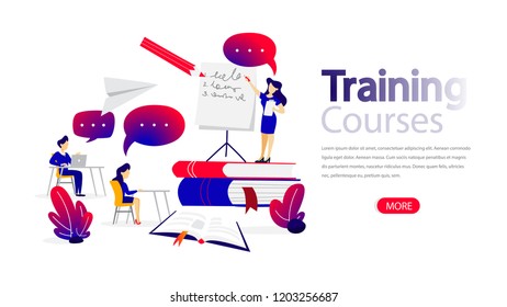 Training courses horizontal banner for your website. Header for web page. Responsive app design. Professional support and contact concept. Flat vector illustration