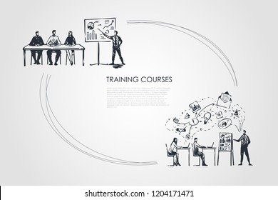 Training courses - students listening to presentation and sitting in classrom vector concept set. Hand drawn sketch isolated illustration