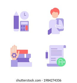 Training courses vector flat color icon set. Education and studying. Skill development, learning course. Cartoon style clip art for mobile app pack. Isolated RGB illustration bundle