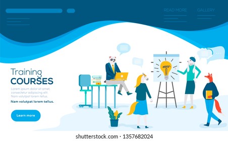 Training courses vector landing page template. Business coaching cartoon web banner with text space. Employees coworking, brainstorming. Teamwork flat poster concept. Art studio idea generation