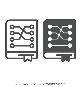 Training data book with bookmark line and solid icon, neural dataset concept. Vector graphics. Language model with connections sign on white background, outline style icon for mobile or web design