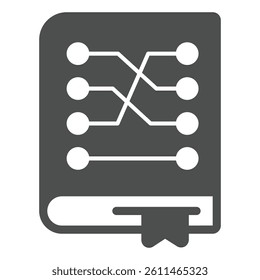 Training data book with bookmark solid icon, neural dataset concept. Vector graphics. Language model with connections sign on white background, glyph style icon for mobile or web design