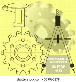 The training design. Gear symbol. Postie mechanics, operation, engineering and design work. Vector.