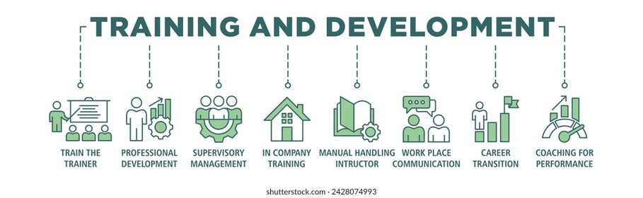 Training and development banner web icon vector illustration concept with icon of trainer, professional development, supervisory, trainee, instructor, coaching, career transition, and communication