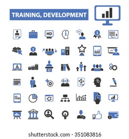 desarrollo de la formación, educación empresarial, escuela, director general, estudio empresarial, caso de marketing, gestión, trabajo en equipo, lecciones, seminario, iconos de conferencias, conjunto de conceptos de vector de signos
