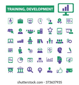 desarrollo de la formación, educación empresarial, escuela, director general, estudio empresarial, caso de marketing, gestión, trabajo en equipo, lecciones, seminario, iconos de conferencias, conjunto de conceptos de vector de signos
