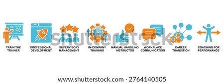 Training and development icon set Aqua Orange Flat concept for trainer, professional development, supervisory, trainee, instructor, coaching, career transition, and communication
