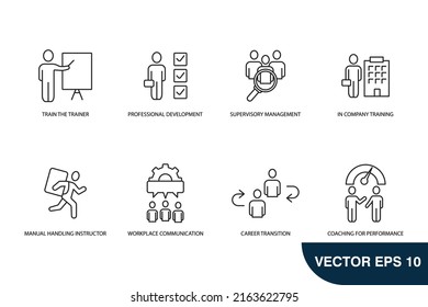 Training and development icons set . Training and development pack symbol vector elements for infographic web